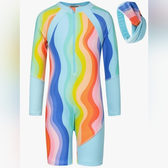 GRACE KARIN Swimsuit One Piece Long Sleeve Rash Guard 12Yrs Matching Headband - Picture 1 of 7